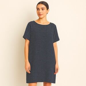 Eileen Fisher Delave Blue Striped Linen Shift Dress Langenlook Boho Size Large